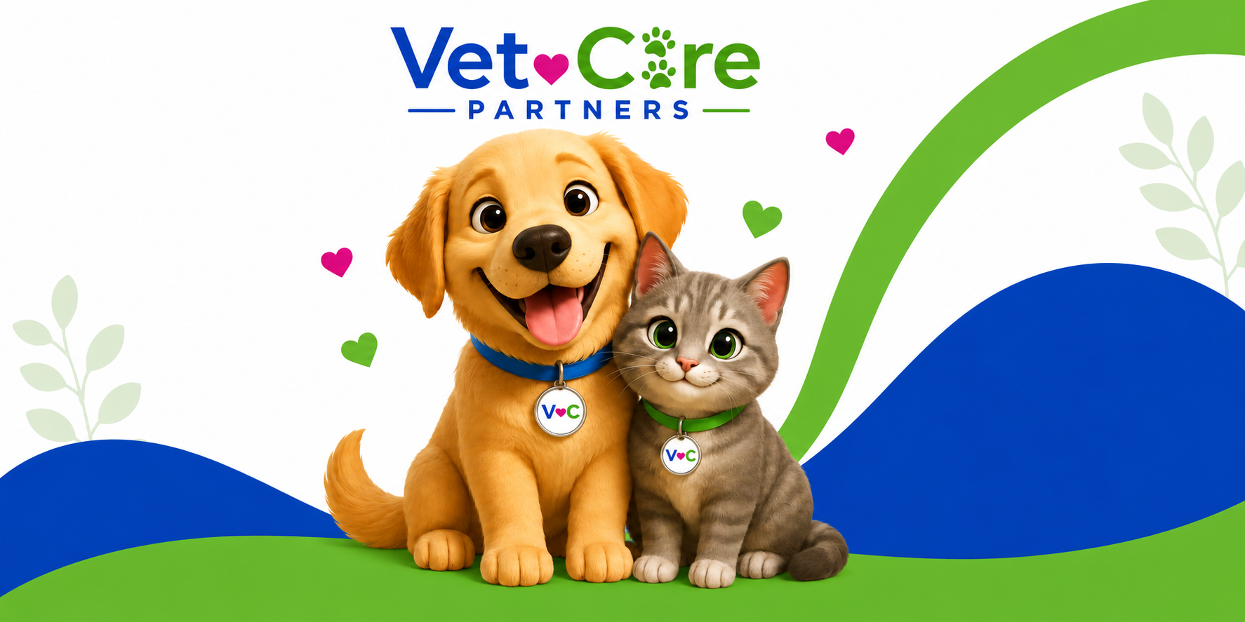 VetCare Partners — a friendly golden retriever puppy and gray tabby cat with the VetCare Partners wordmark